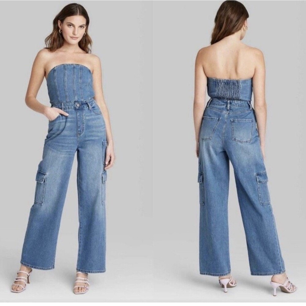 Wild Fable Strapless Denim Jean Jumpsuit Small Cargo Wide Leg Smocked Y2K Grunge